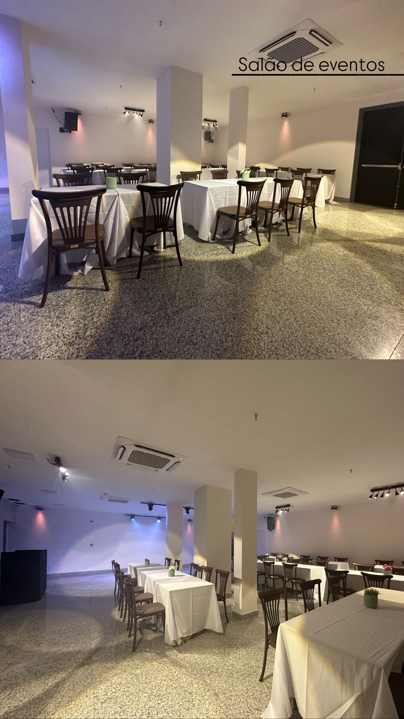 Duas fotos do salão de eventos do Espaço Vista, com mesas de toalha branca, pilares e luzes nas paredes